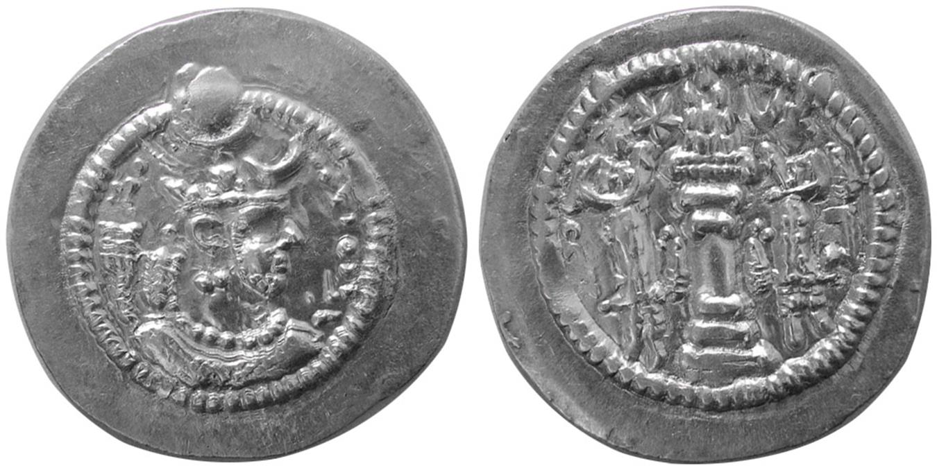 SASANIAN KINGS; Peroz, second crown. 457484 AD. AR Drachm